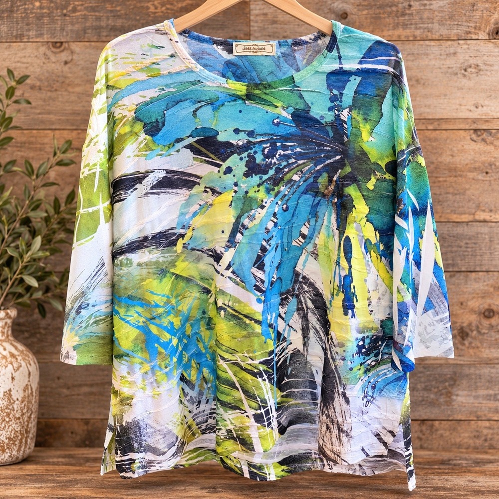 Jess and Jane Abstract Boho Tropical Art to Wear Top Blue Green 3/4 Sleeve XL